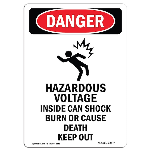 Safety Sign, OSHA Danger, 24" Height, Hazardous Voltage, Portrait, D-1824-V-2317